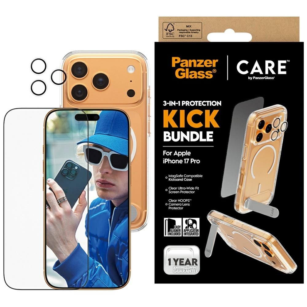 CARE by PanzerGlass Feature Kick 3in1 Kotelo + lasi + objektiivin suojapakkaus iPhone 17 Pro:lle