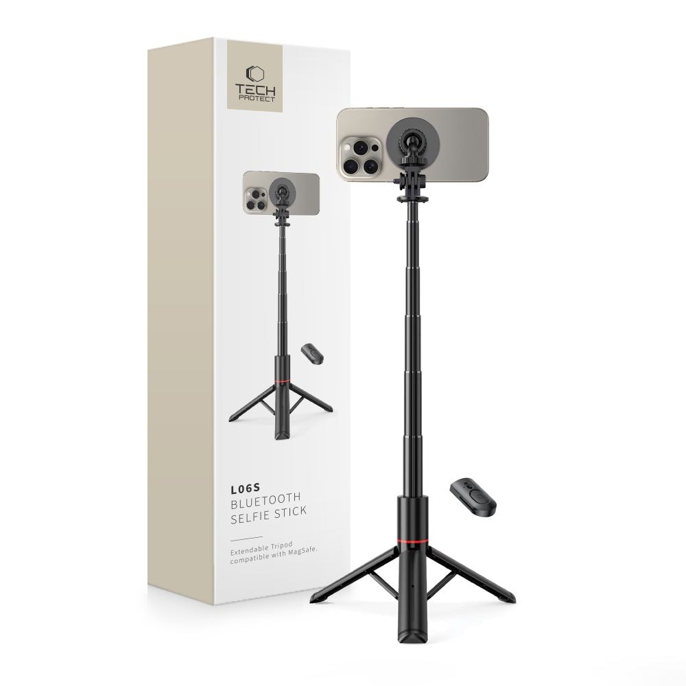 Tech-Protect L06S Bluetooth-magneettinen selfiekeppi MagSafe, kaukosäädin, 82cm, 360° - musta