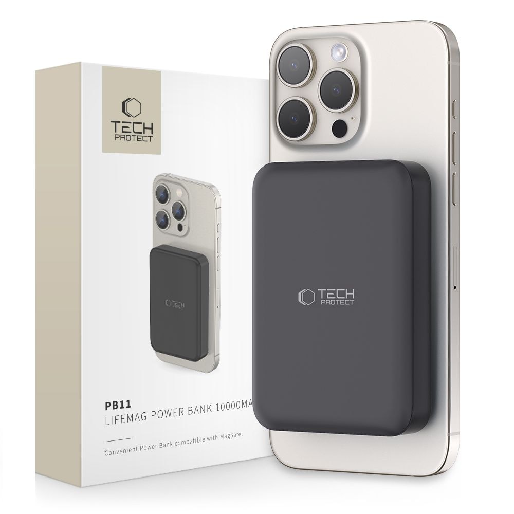 Tech-Protect LifeMag PB11 Powerbank MagSafe 10000mAh 15W USB-C-portilla - musta + USB-C-kaapeli