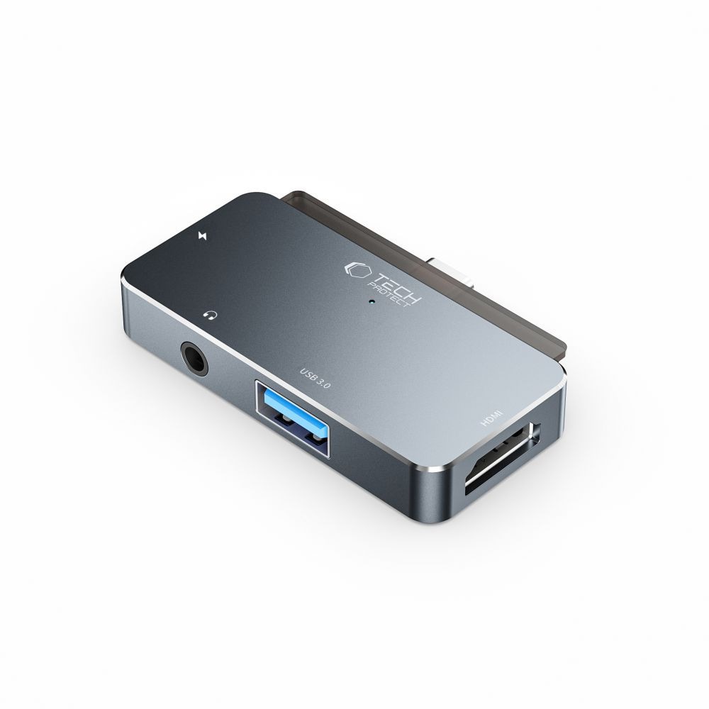 HUB Tech-Protect V6 4-in-1 USB-C - USB-A 3.0 / PD100W / HDMI / 3.5mm jack - grey