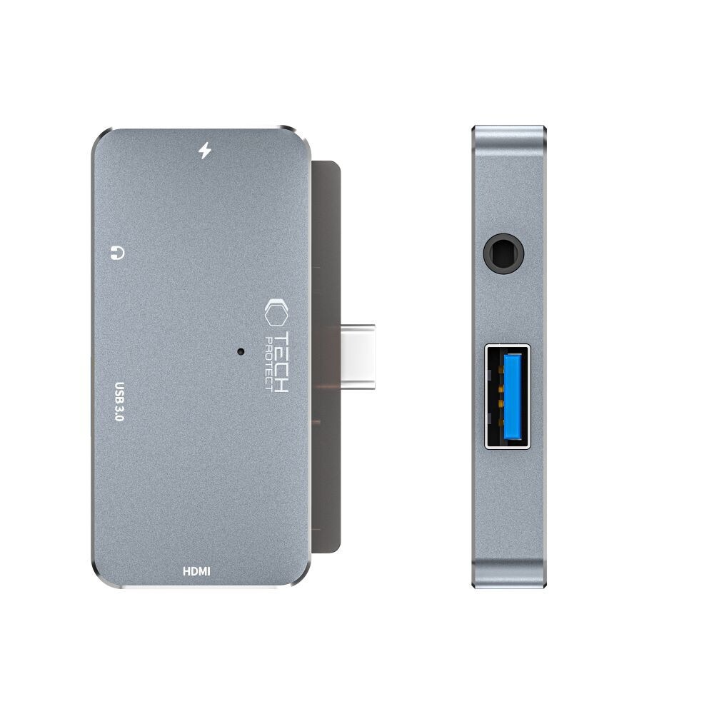 HUB Tech-Protect V6 4-in-1 USB-C - USB-A 3.0 / PD100W / HDMI / 3.5mm jack - grey