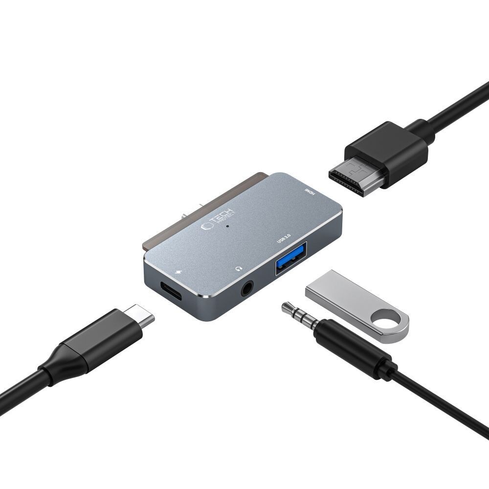 HUB Tech-Protect V6 4-in-1 USB-C - USB-A 3.0 / PD100W / HDMI / 3.5mm jack - grey