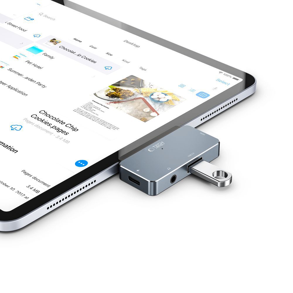 HUB Tech-Protect V6 4-in-1 USB-C - USB-A 3.0 / PD100W / HDMI / 3.5mm jack - grey