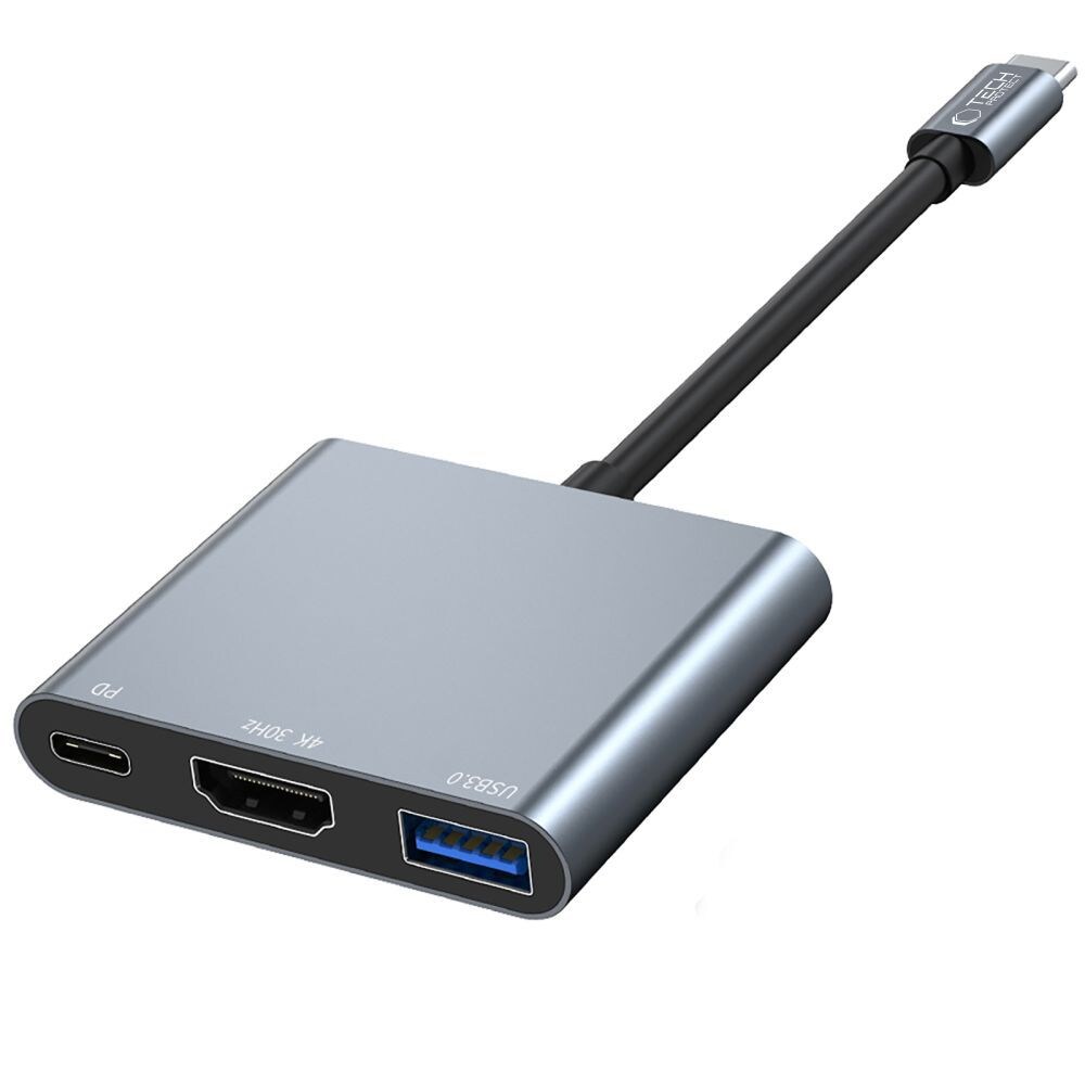 HUB Tech-Protect V1 3in1 USB-C - USB-A 3.0 / USB-C PD 100W / HDMI 4K 30Hz - harmaa