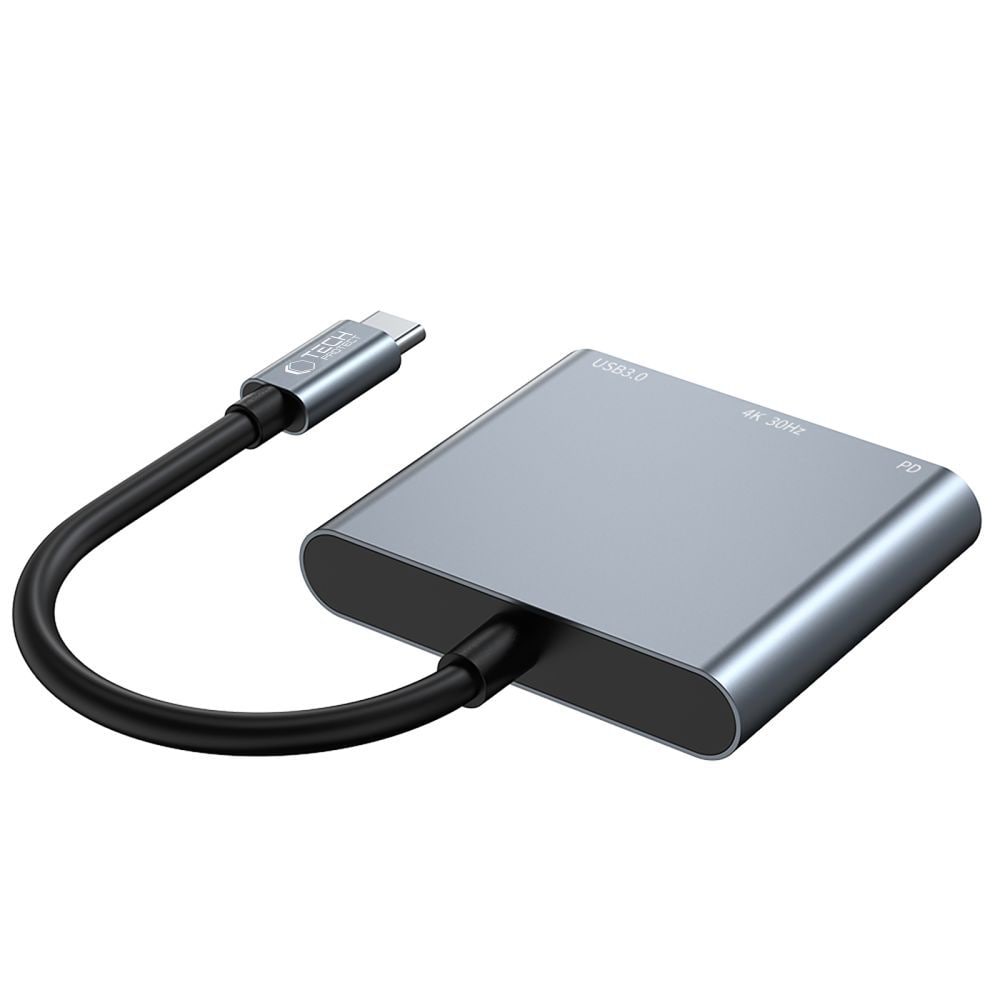 HUB Tech-Protect V1 3in1 USB-C - USB-A 3.0 / USB-C PD 100W / HDMI 4K 30Hz - harmaa
