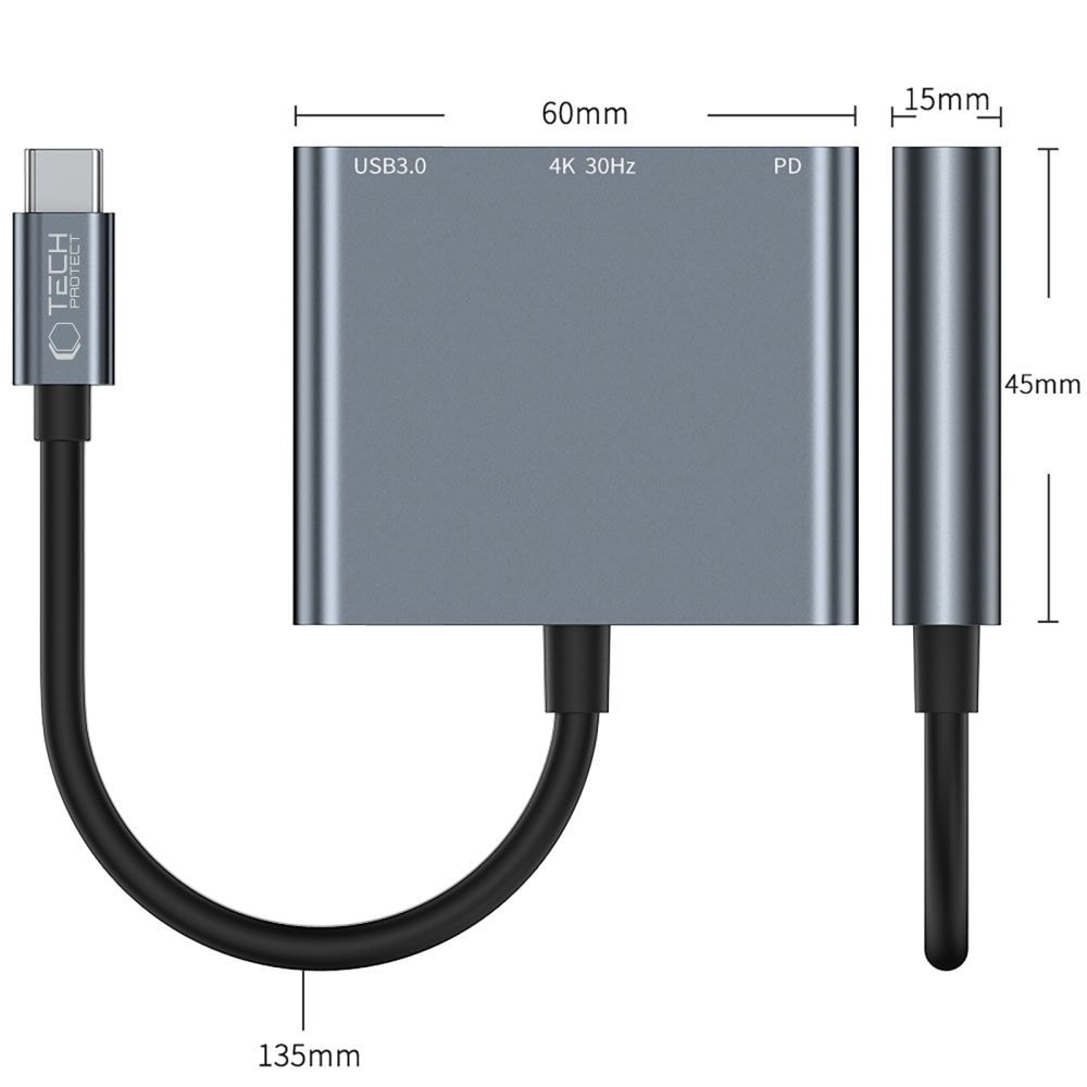 HUB Tech-Protect V1 3in1 USB-C - USB-A 3.0 / USB-C PD 100W / HDMI 4K 30Hz - harmaa