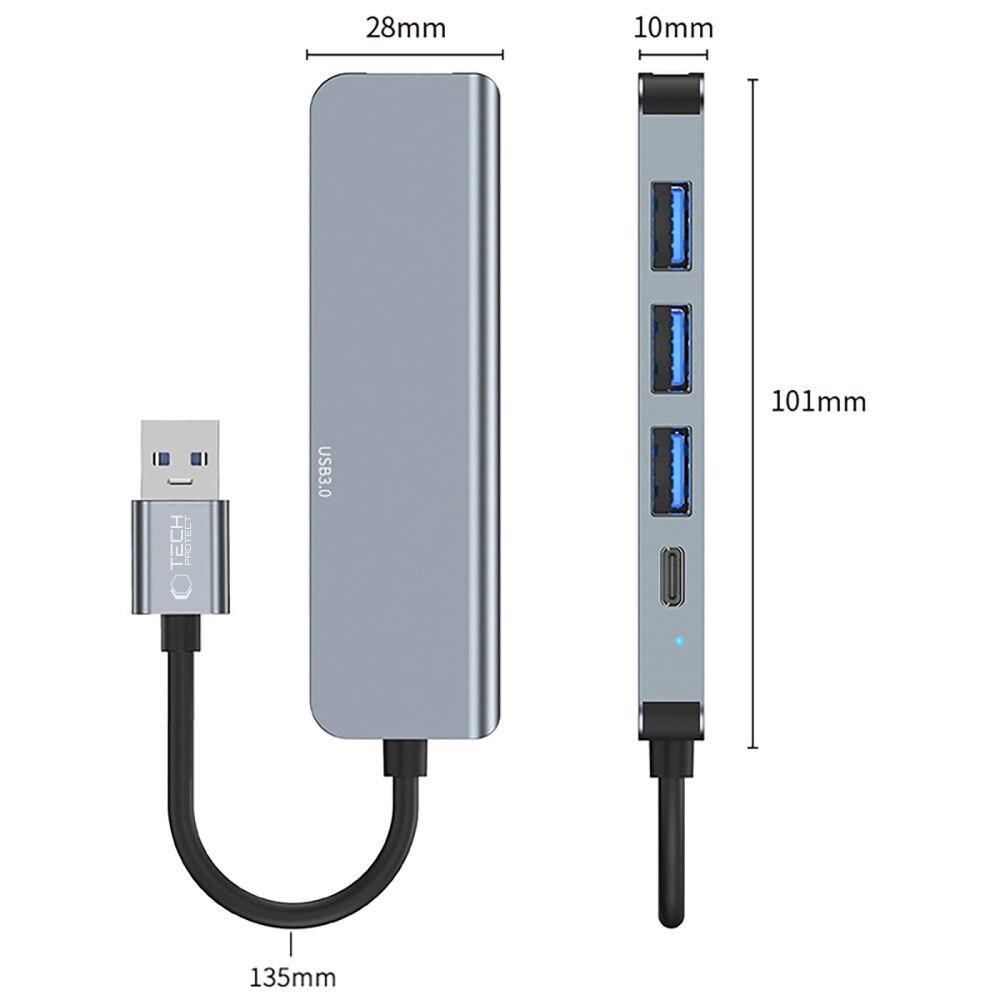 HUB Tech-Protect V0 5in1 USB-A - USB-A 3.0 / 3x USB-A 2.0 / USB-C - harmaa