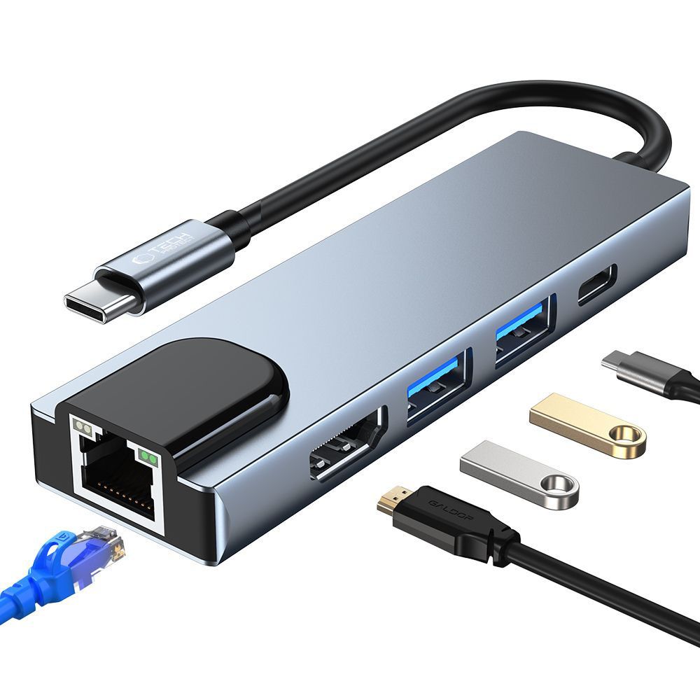 HUB Tech-Protect V3 5in1 USB-C - USB-A 3.0 / USB-A 2.0 / USB-C / HDMI / RJ45 - harmaa - harmaa