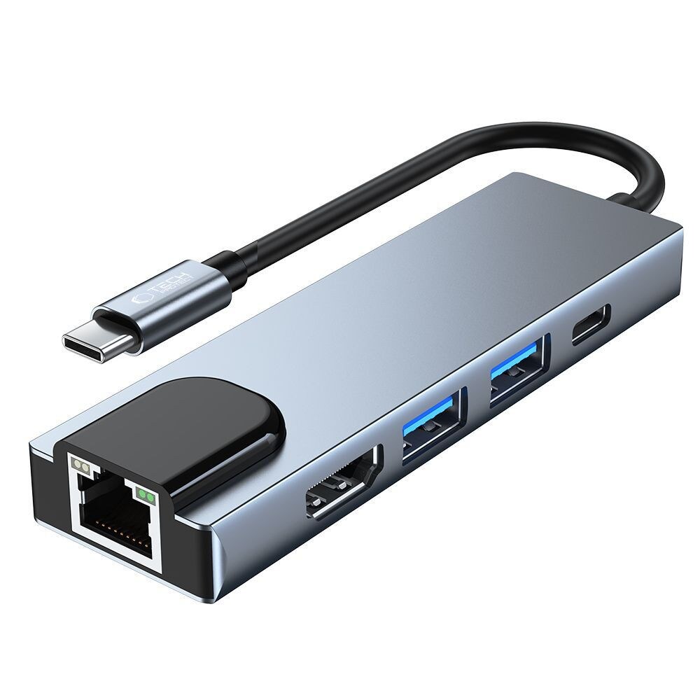 HUB Tech-Protect V3 5in1 USB-C - USB-A 3.0 / USB-A 2.0 / USB-C / HDMI / RJ45 - harmaa - harmaa