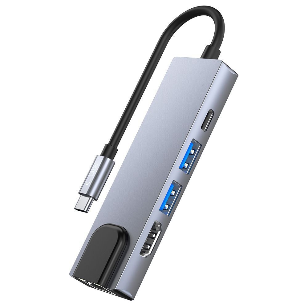 HUB Tech-Protect V3 5in1 USB-C - USB-A 3.0 / USB-A 2.0 / USB-C / HDMI / RJ45 - harmaa - harmaa