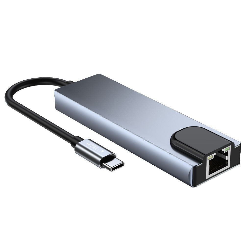 HUB Tech-Protect V3 5in1 USB-C - USB-A 3.0 / USB-A 2.0 / USB-C / HDMI / RJ45 - harmaa - harmaa
