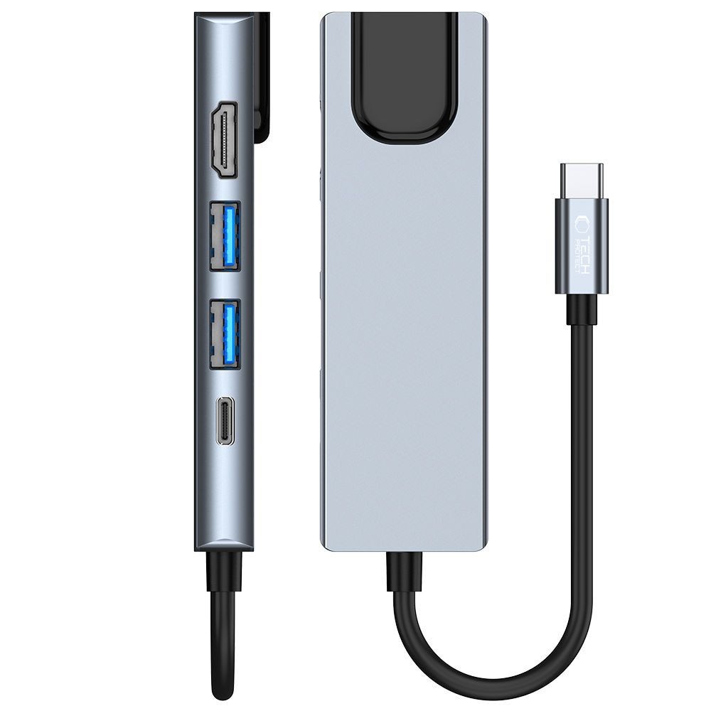 HUB Tech-Protect V3 5in1 USB-C - USB-A 3.0 / USB-A 2.0 / USB-C / HDMI / RJ45 - harmaa - harmaa