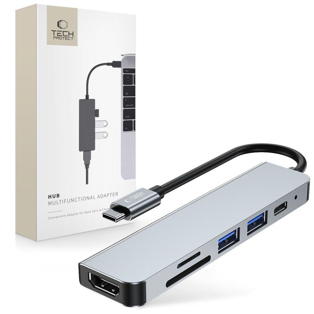 HUB Tech-Protect V4 6in1 USB-C, USB-A 3.0/2.0, HDMI, micro SD/TF/SD card reader - grey