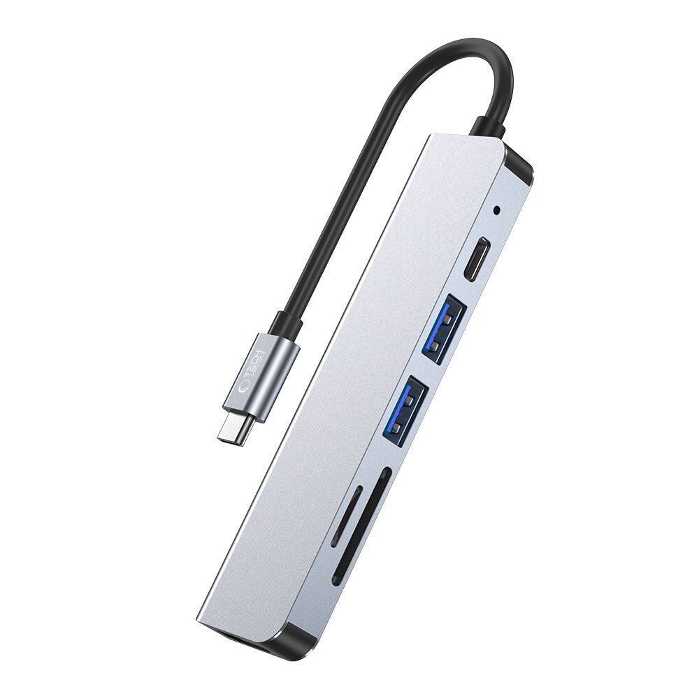 HUB Tech-Protect V4 6in1 USB-C, USB-A 3.0/2.0, HDMI, micro SD/TF/SD card reader - grey