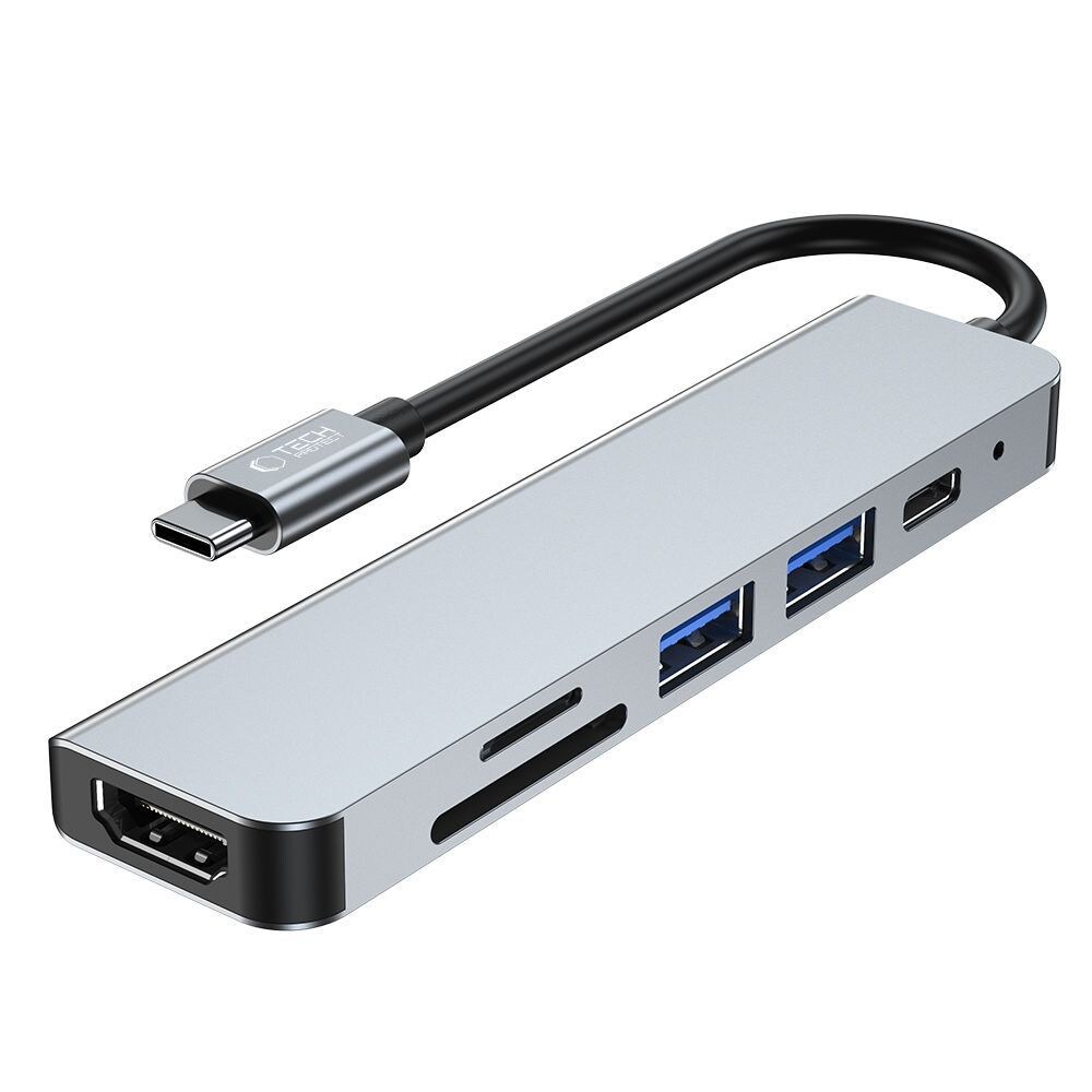 HUB Tech-Protect V4 6in1 USB-C, USB-A 3.0/2.0, HDMI, micro SD/TF/SD card reader - grey