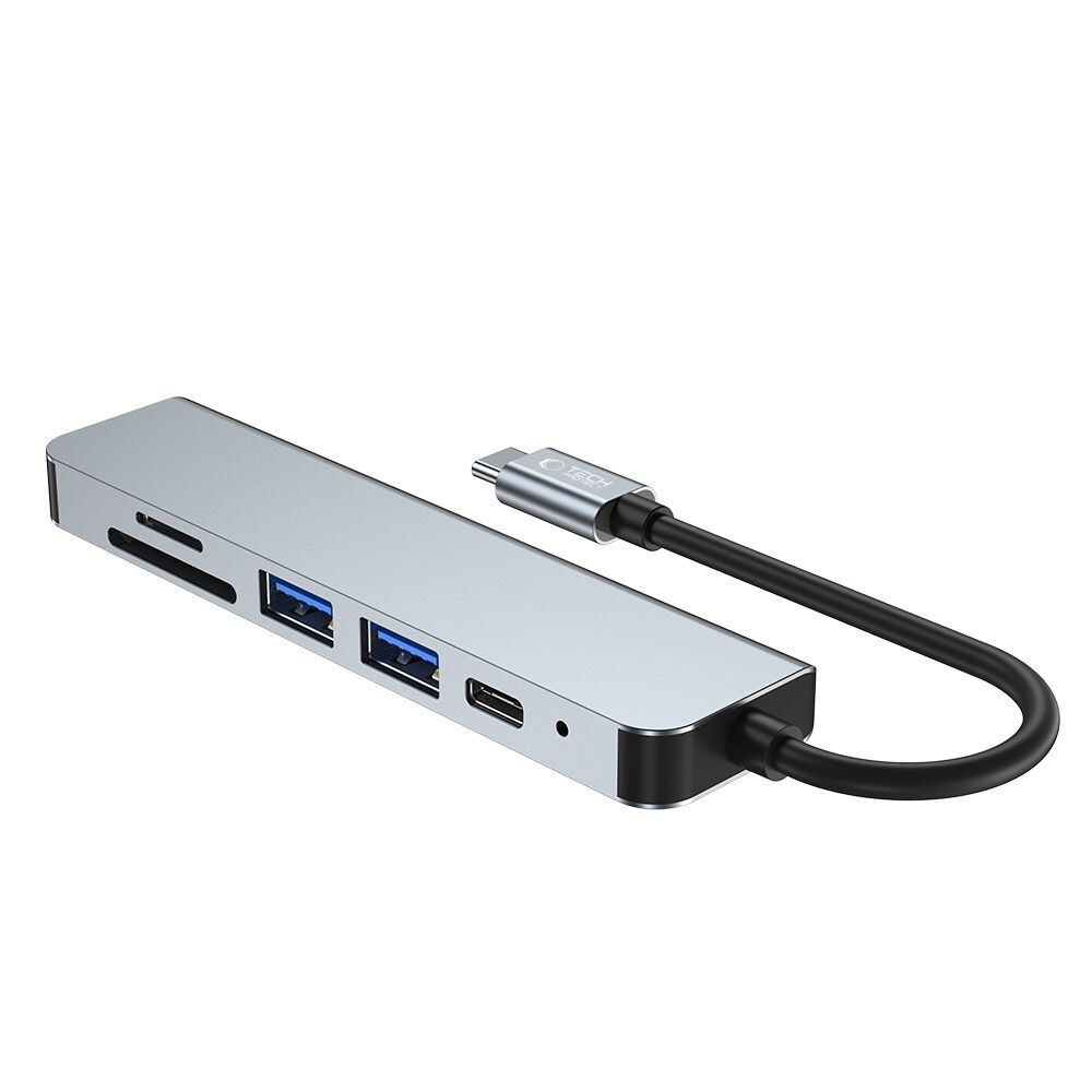 HUB Tech-Protect V4 6in1 USB-C, USB-A 3.0/2.0, HDMI, micro SD/TF/SD card reader - grey