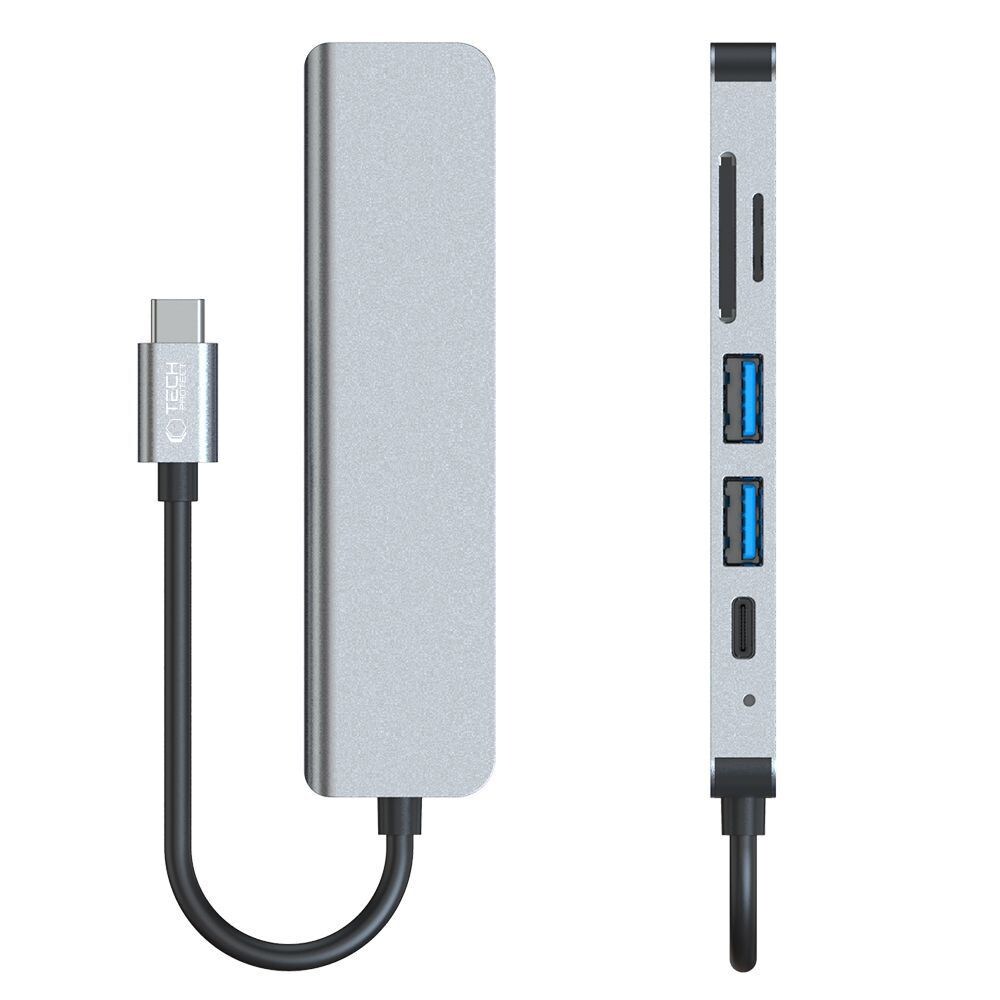 HUB Tech-Protect V4 6in1 USB-C, USB-A 3.0/2.0, HDMI, micro SD/TF/SD card reader - grey