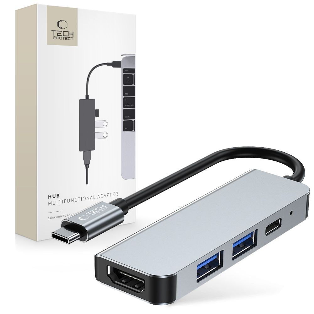 HUB Tech-Protect V2 4in1 USB-C - USB-A 3.0 / USB-A 2.0 / USB-C / HDMI - Harmaa