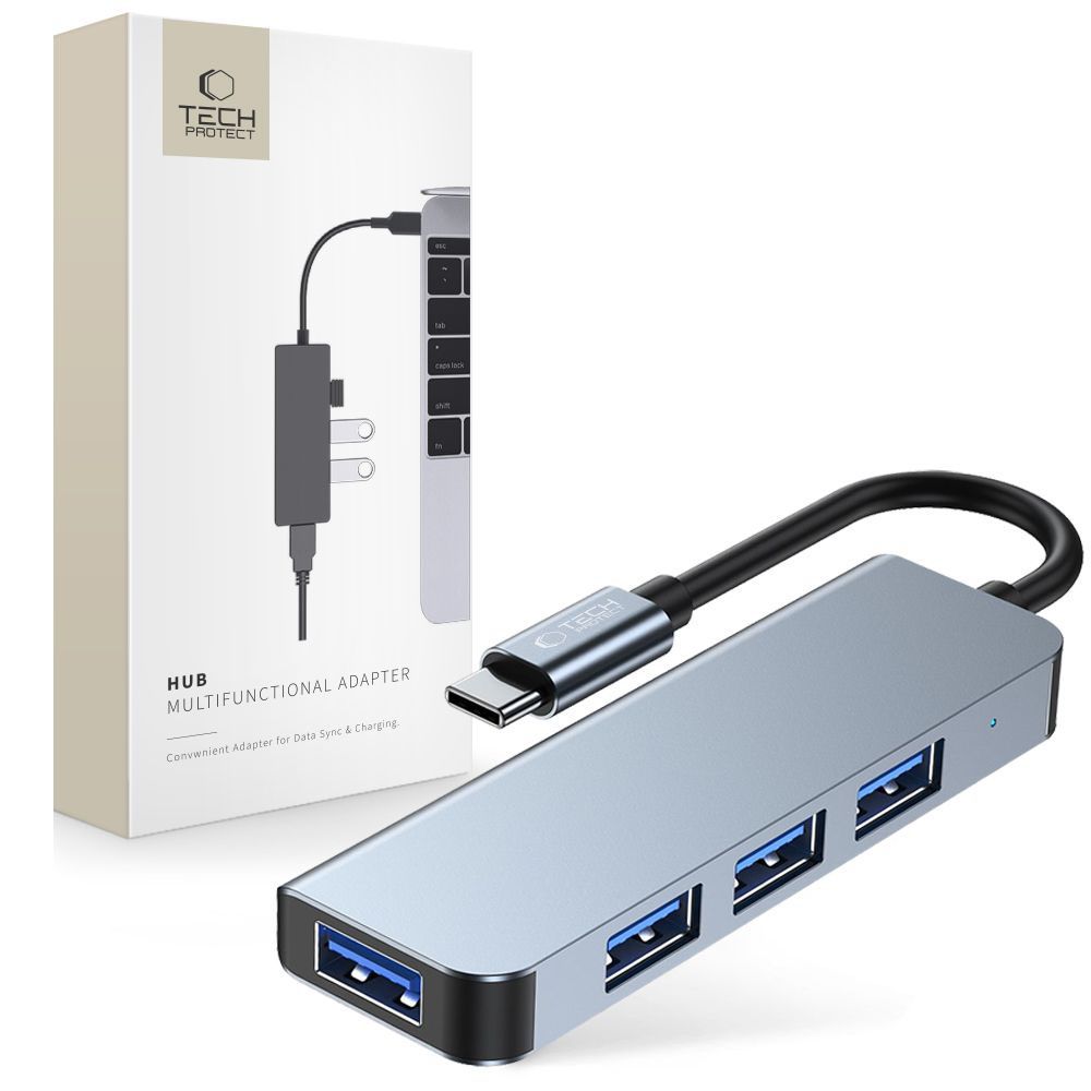 HUB Tech-Protect V1 4in1 USB-C - 3x USB-A 2.0 / 3.0 - harmaa