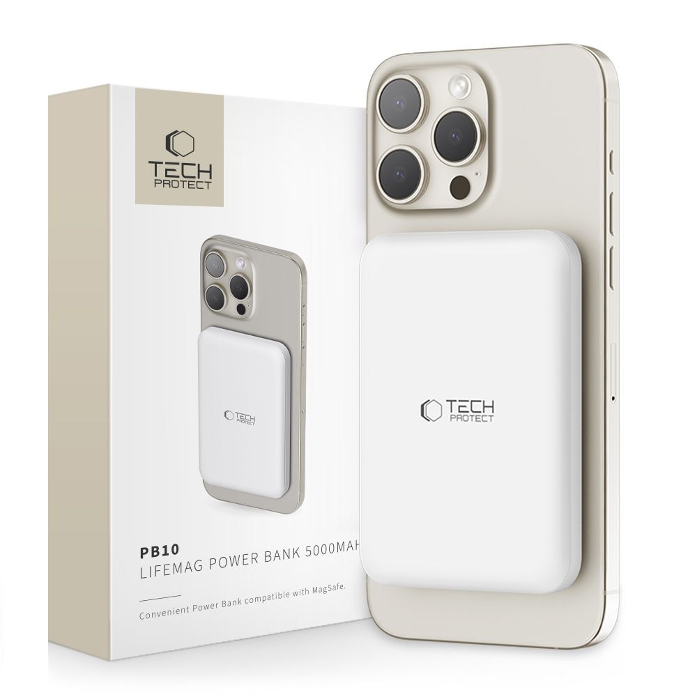 Tech-Protect LifeMag PB10 Powerbank MagSafe 5000mAh 15W USB-C-portilla - valkoinen + USB-C-kaapeli
