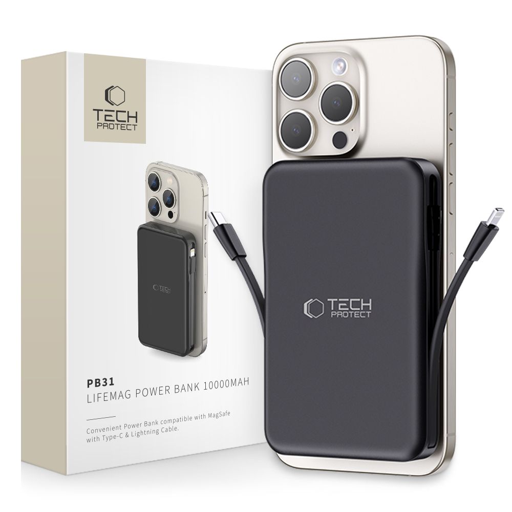Tech-Protect LifeMag PB31 10000mAh MagSafe Power Bank 15W USB-C/USB-A + built-in cables - black