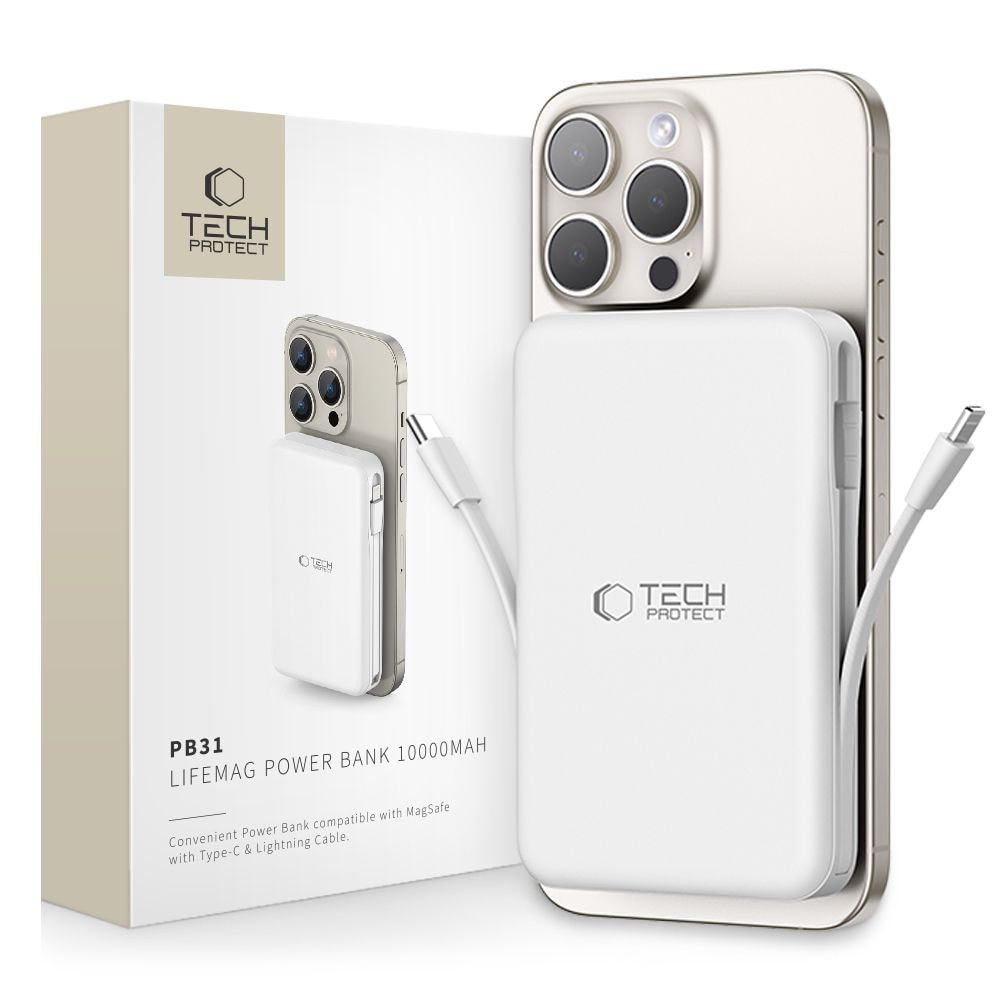 Tech-Protect LifeMag PB31 10000mAh Power Bank MagSafe 15W USB-C / USB-A / Lightning - Valkoinen