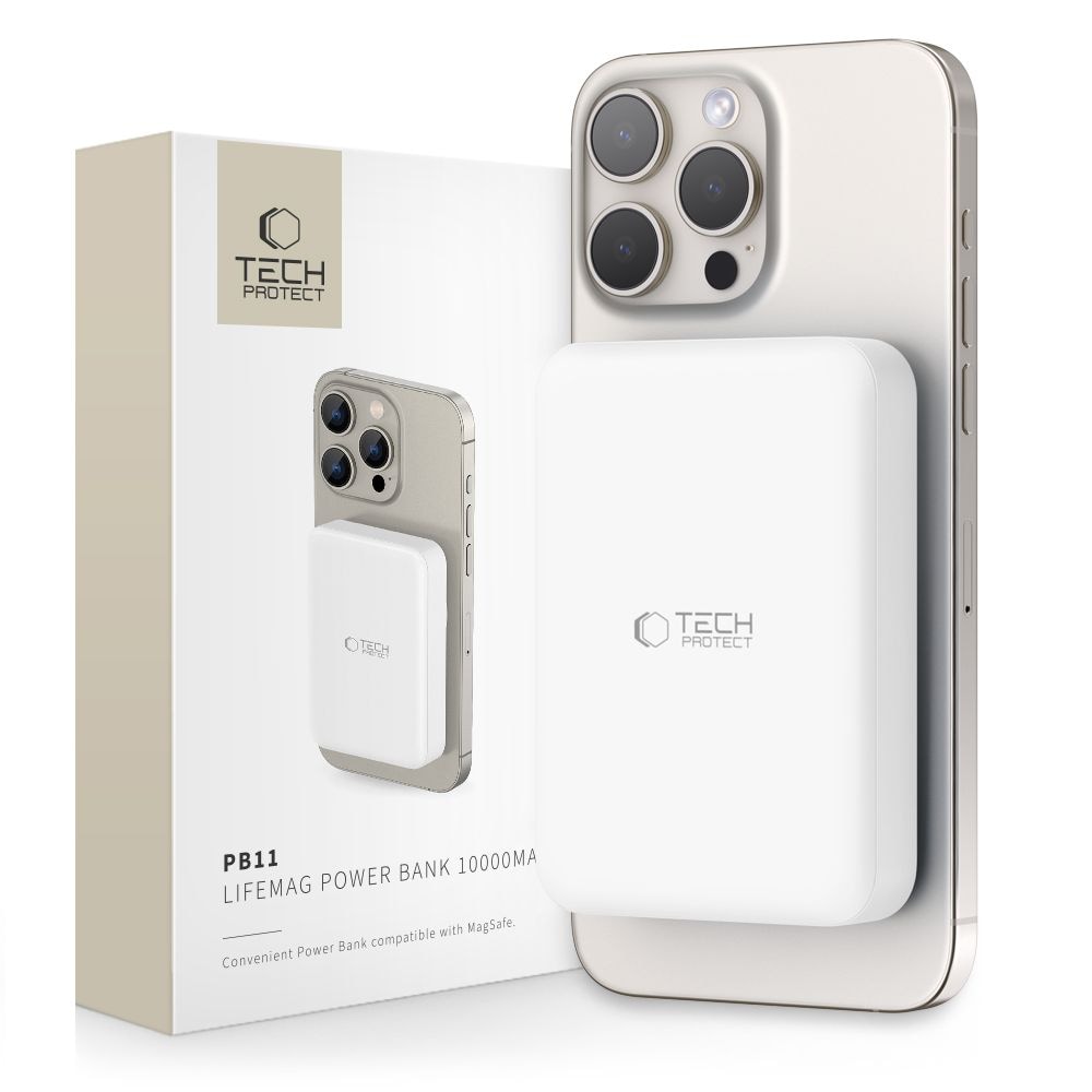 Tech-Protect LifeMag PB11 Powerbank MagSafe 10000mAh 15W USB-C-portilla - valkoinen + USB-C-kaapeli