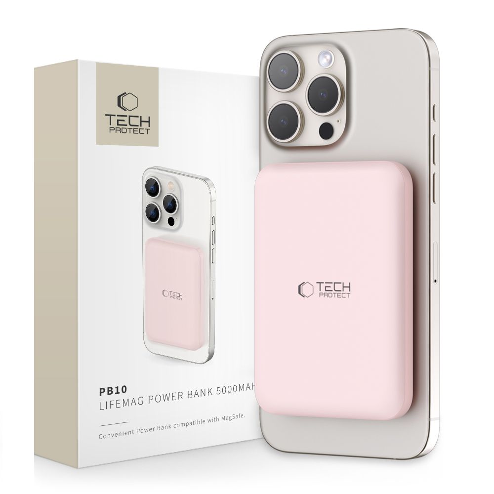 Tech-Protect LifeMag PB10 MagSafe Powerbank 5000mAh 15W - vaaleanpunainen + USB-C-kaapeli