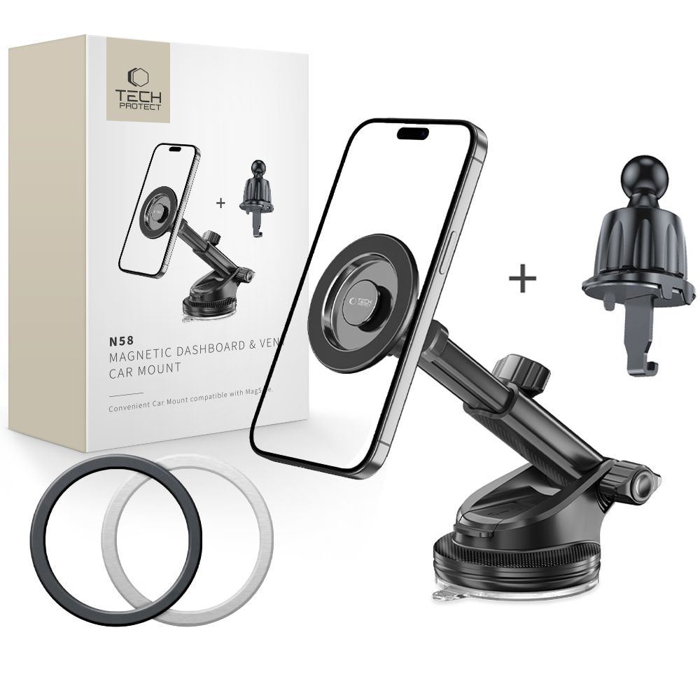 Tech-Protect N58 magneettinen MagSafe-autoteline ohjaamoon, tuulilasiin tai tuuletusaukkoon - musta