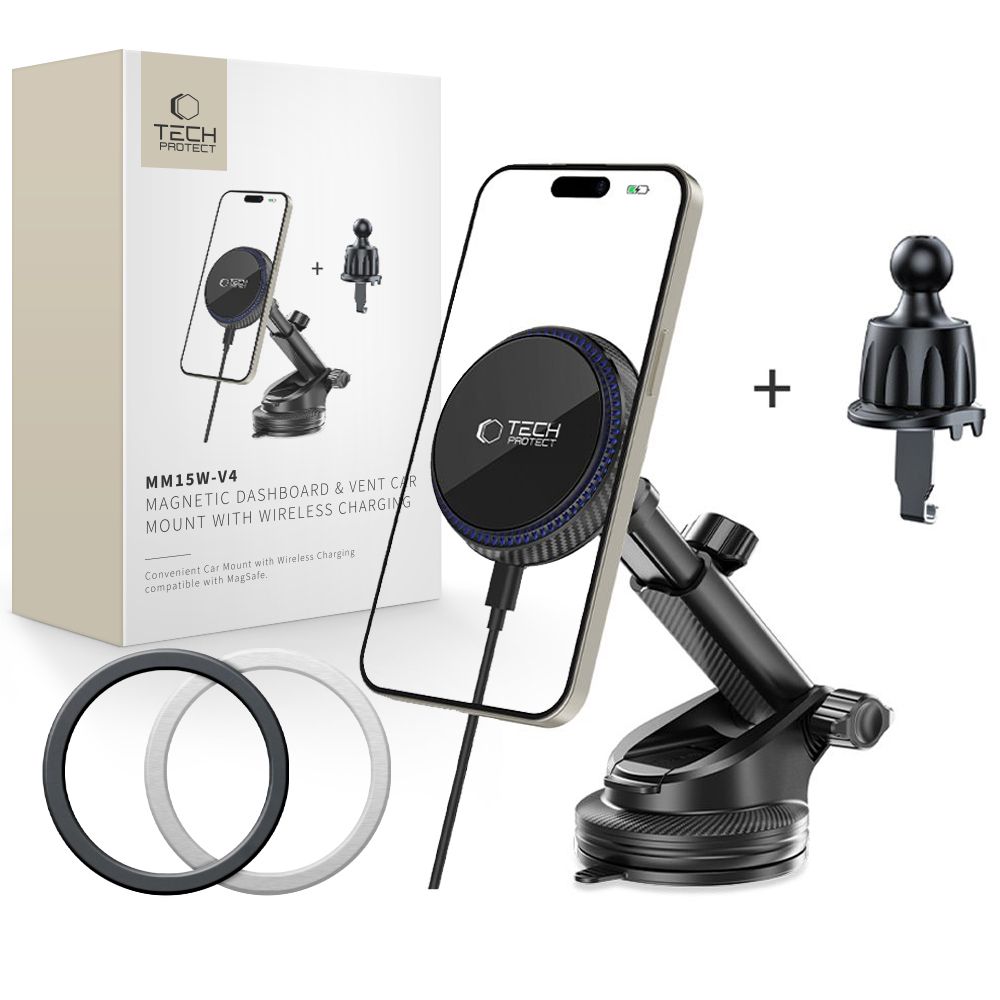 Tech-Protect MM15W-V4 Magneettinen MagSafe 15W autoteline ohjaamoon / tuulilasiin - musta