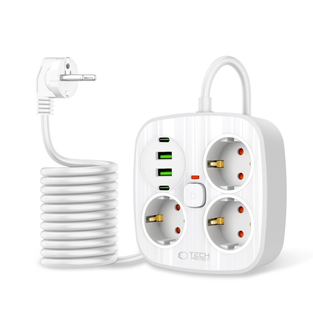 Tech-Protect PCS3X4 pistorasia, 3 pistorasiaa, 2xUSB-A, 2xUSB-C, 200 cm - valkoinen