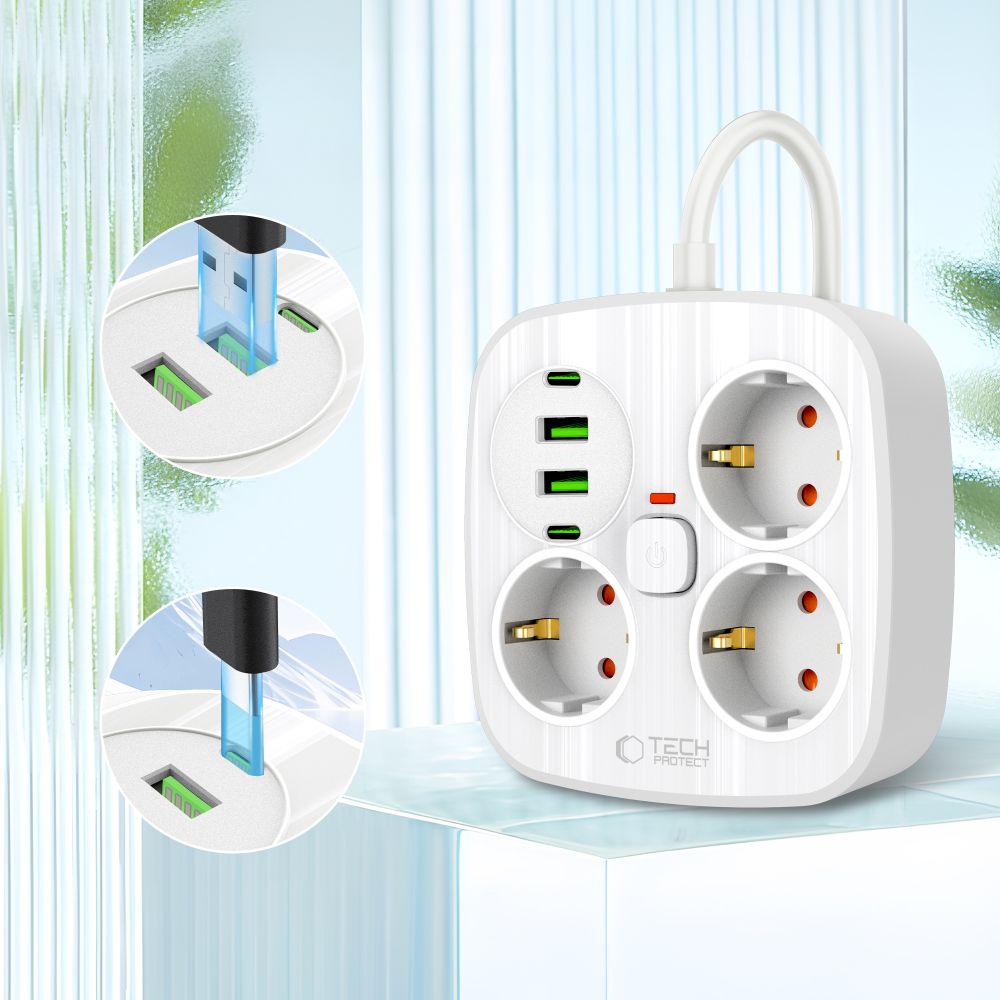 Tech-Protect PCS3X4 pistorasia, 3 pistorasiaa, 2xUSB-A, 2xUSB-C, 200 cm - valkoinen