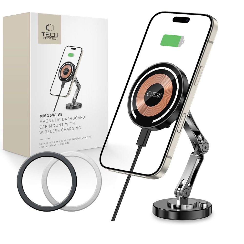 Tech-Protect MM15W-V8 magneettinen autoteline kojelaudalle MagSafe 15W:lla - musta