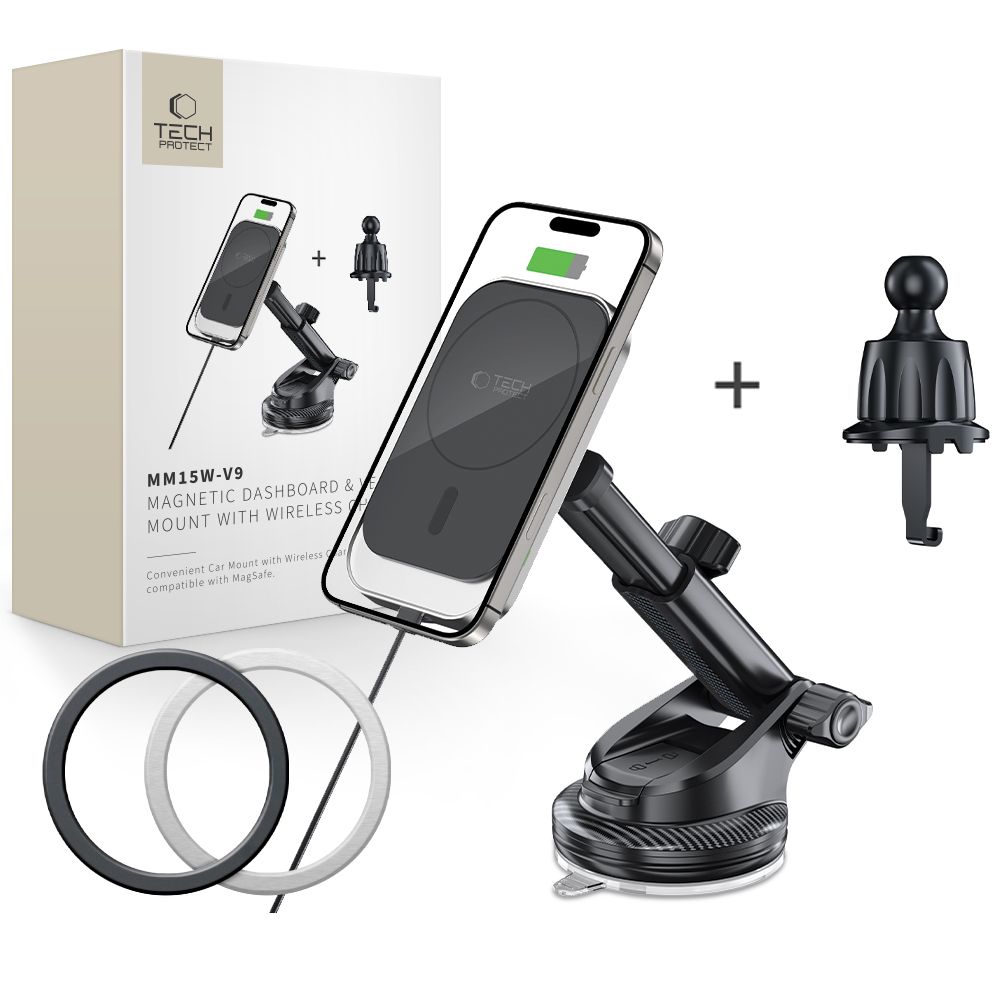 Tech-Protect MM15W-V9 autoteline MagSafe-järjestelmällä kojelaudalle ja tuuletusaukolle 15W - musta