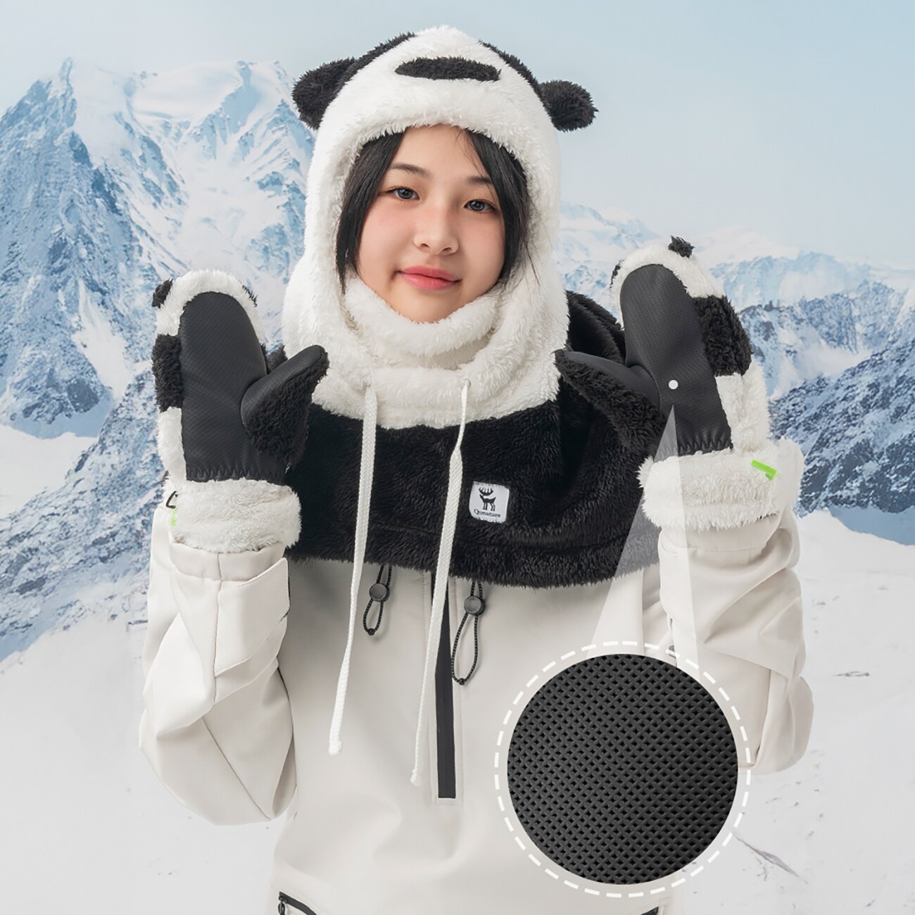 Qunature Panda hiihtohanskat lapsille ja aikuisille koko S - musta/valkoinen