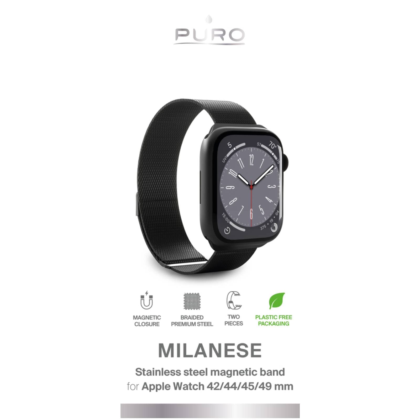 Puro 'MILANESE' kellon nauha Apple kellolle 42-44-45-49m, musta