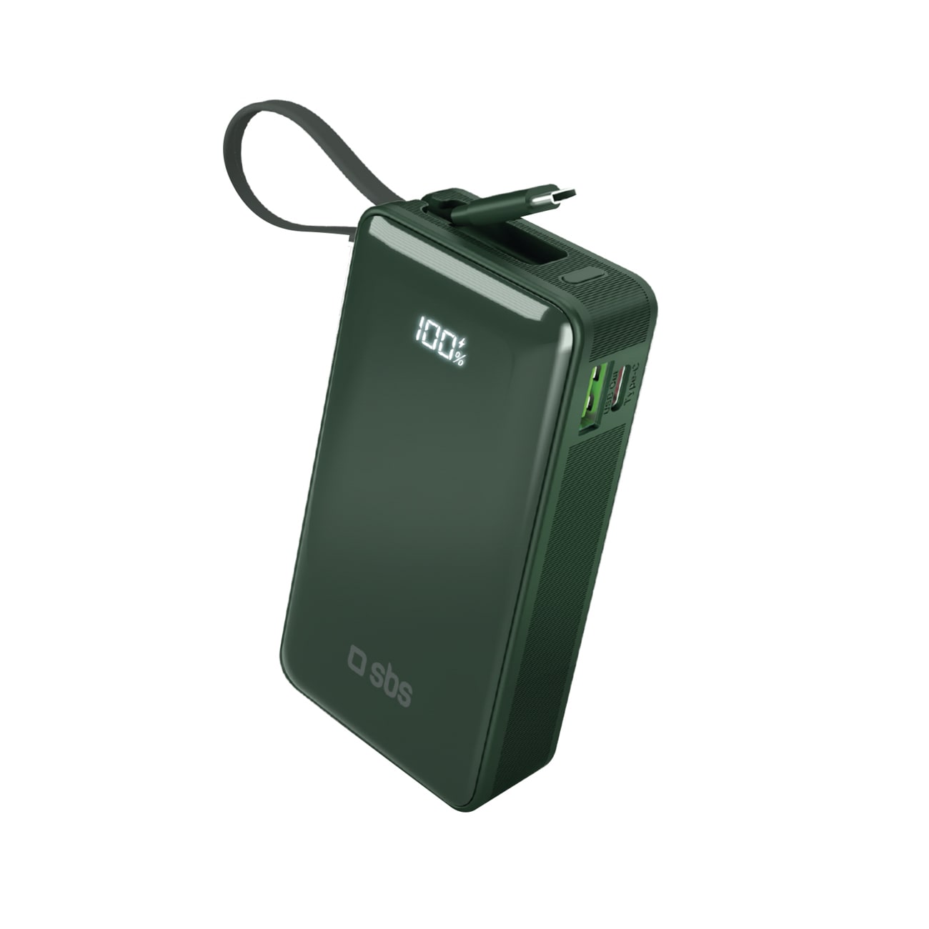 Powerbank SBS 10000 mAh 20W sisäänrakennetulla USB-C-kaapelilla ja digitaalisella näytöllä - vihreä