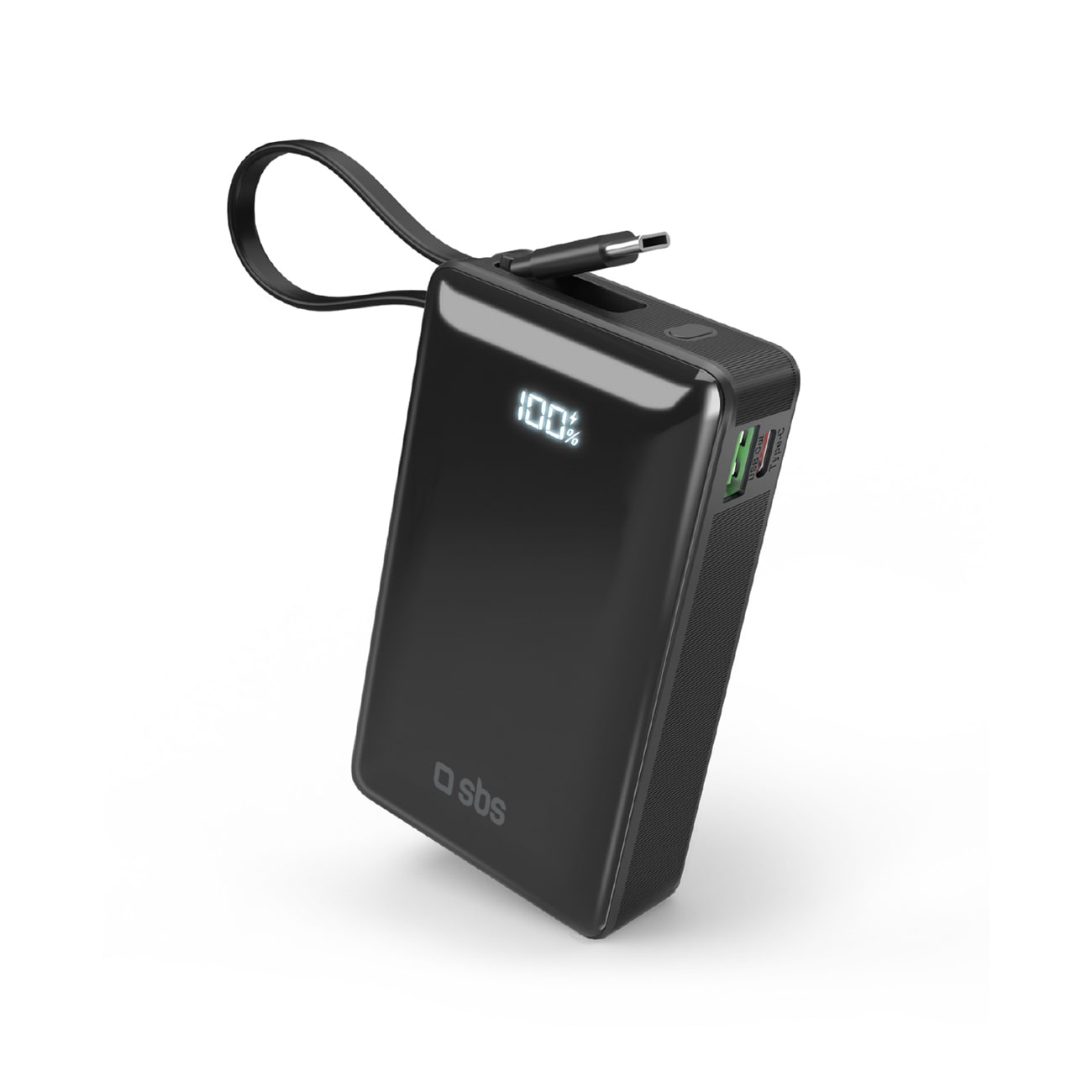 Powerbank SBS 20000 mAh 20W, jossa on sisäänrakennettu USB-C-kaapeli ja digitaalinen näyttö - musta
