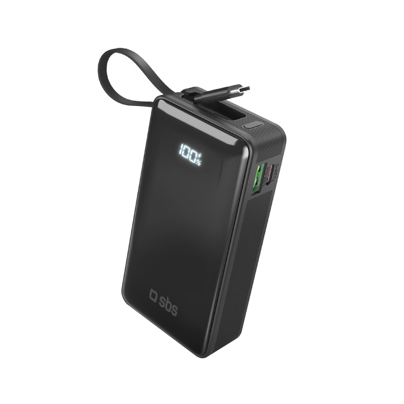 Powerbank SBS 10000 mAh 20W sisäänrakennetulla USB-C-kaapelilla ja digitaalisella näytöllä - musta