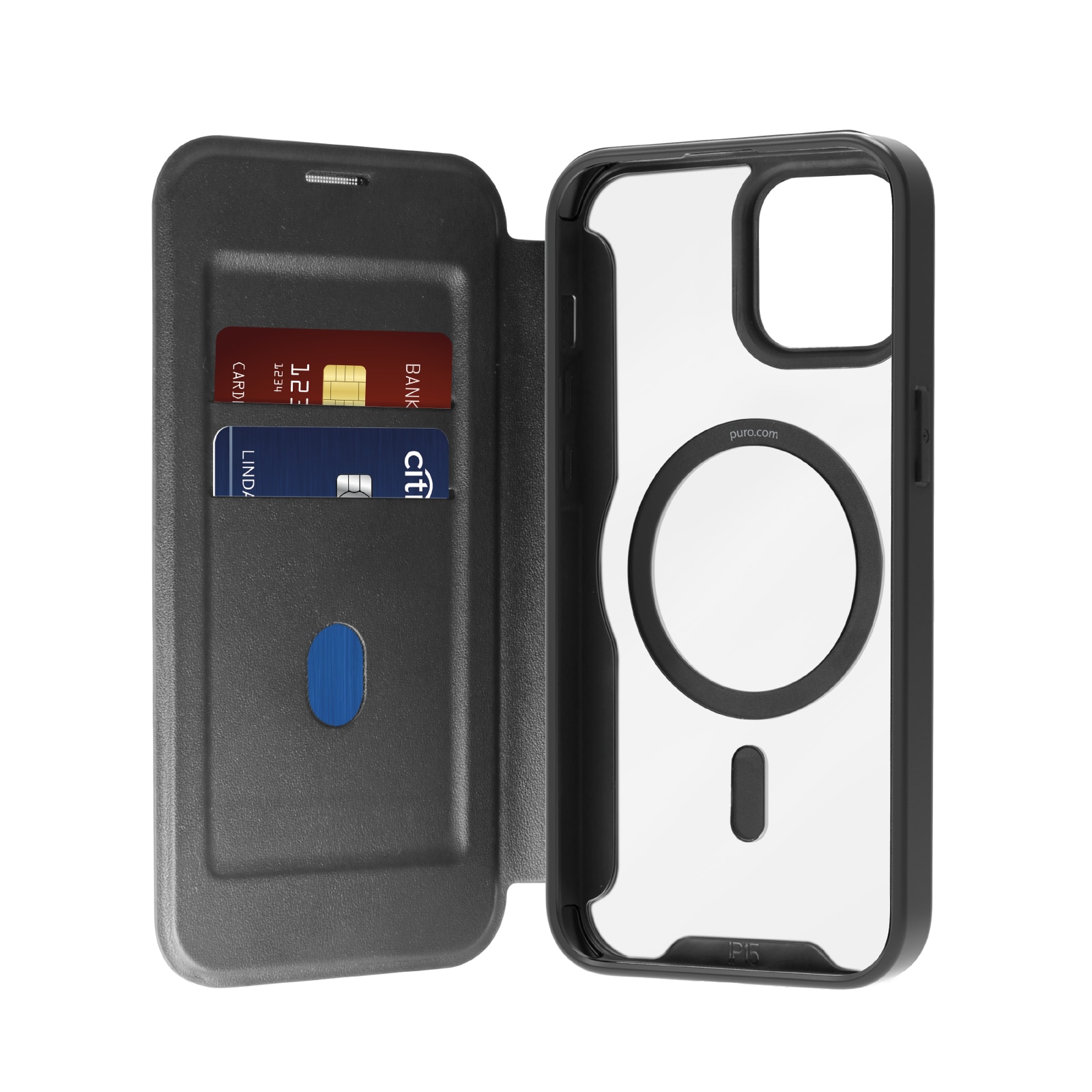 Puro Book Mag Mag MagSafe Nahkakotelo läpällä ja korttipaikka iPhone 16 Plus - Musta