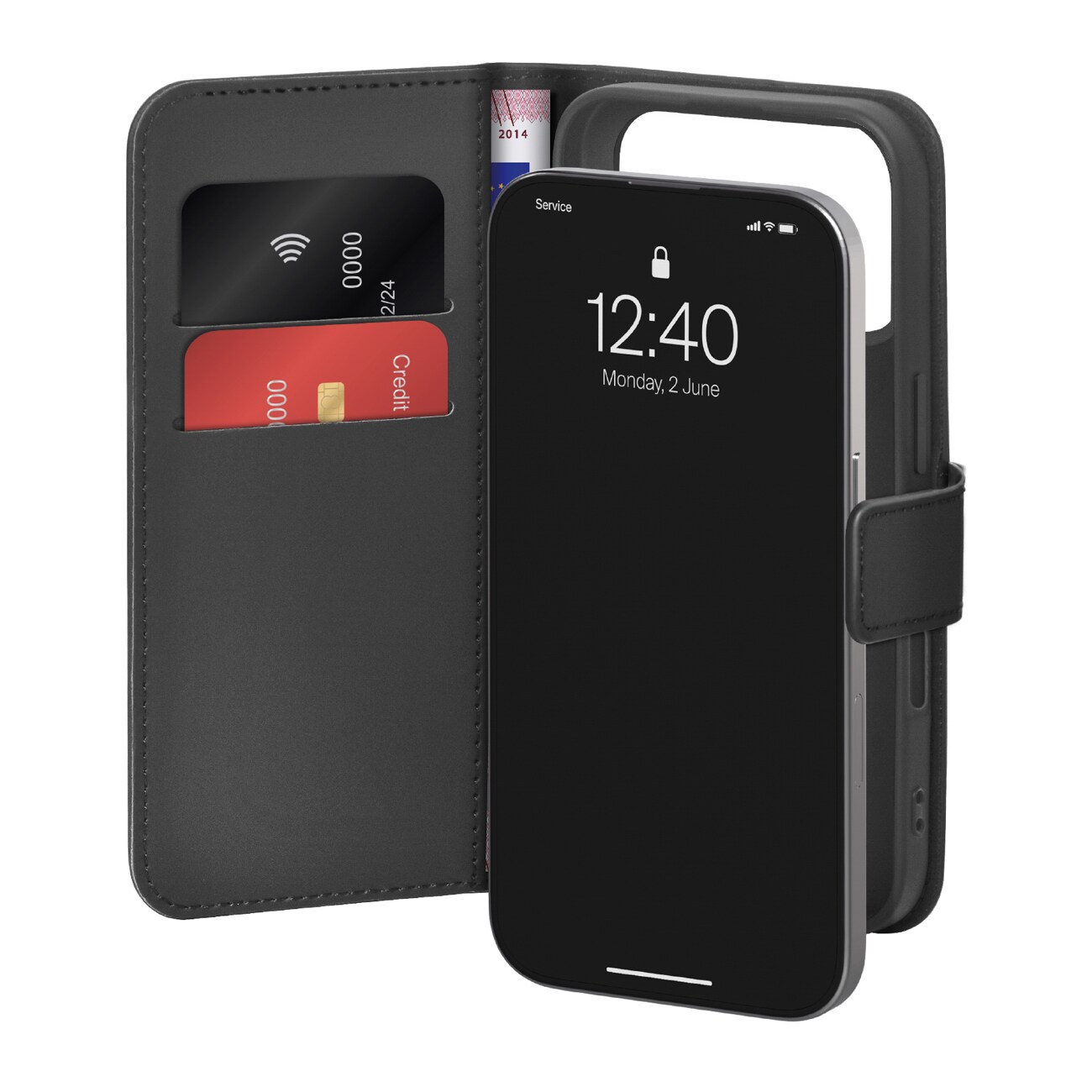 Puro Wallet Stand Case for iPhone 17 Pro Max, Eco-nahkaa, läppä, lompakko ja jalusta - musta