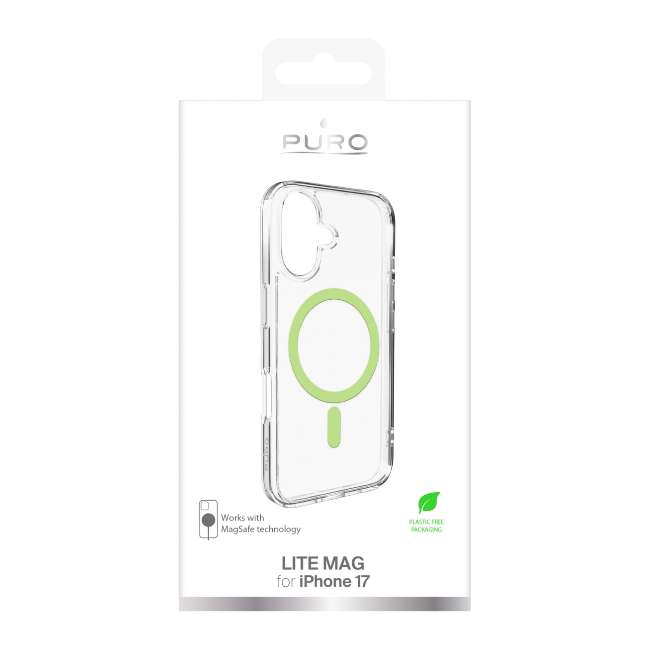 Puro Lite Mag TPU+PC Case yhteensopiva MagSafe for iPhone 17 - läpinäkyvä vihreä rengas kanssa