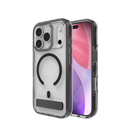 ZAGG Santa Cruz Snap KS MagSafe kotelo jalustalla iPhone 17 Pro:lle - Kirkas ja musta