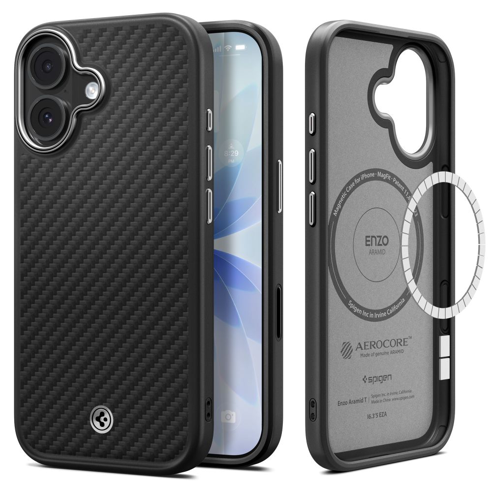 Spigen Enzo Aramid "T" MagSafe -kotelo iPhone 17:lle - musta ja hopea