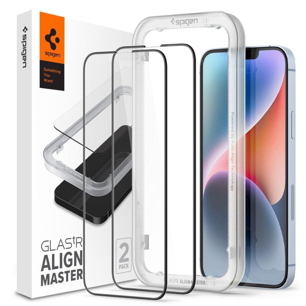 Spigen ALM Glass FC karkaistu lasi iPhone 13 / 13 Pro / 14 / 16e - musta 2 kpl.