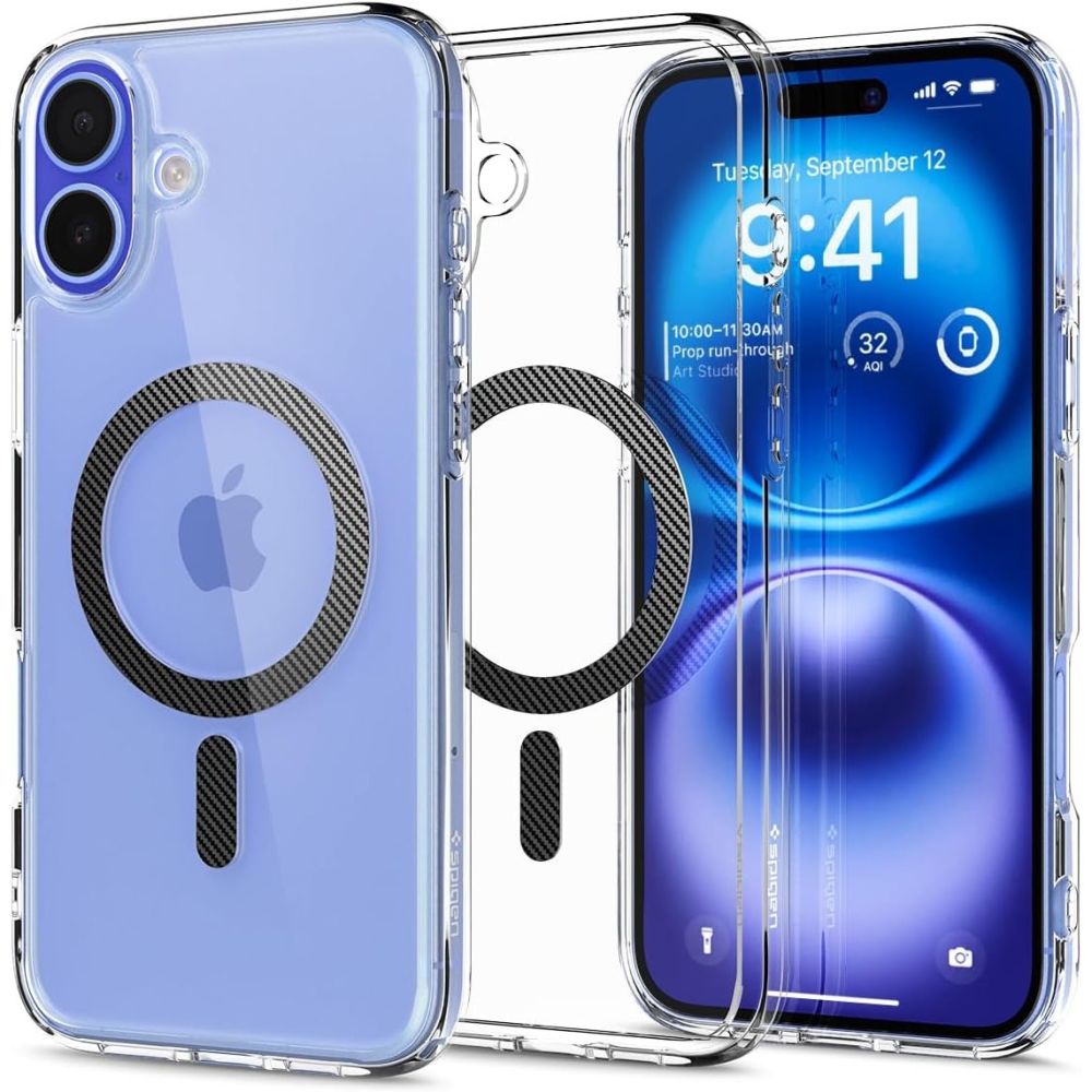 Spigen Ultra Hybrid MagSafe Carbon Fiber -hiilikuitu iPhone 16:lle - tummanharmaa