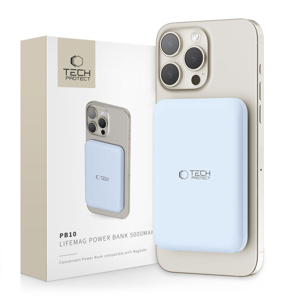 Tech-Protect LifeMag PB10 Powerbank MagSafe 5000mAh 15W USB-C-portilla - sininen + USB-C-kaapeli