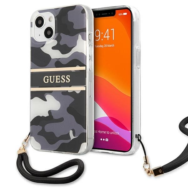 Guess GUHCP13MKCABBK iPhone 13 6.1" musta kovakantinen kotelo Camo Strap Collection