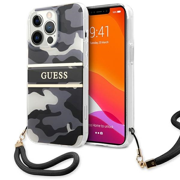 Guess GUHCP13XKCABBK iPhone 13 Pro Max 6.7" musta kovakotelo Camo Strap Collection