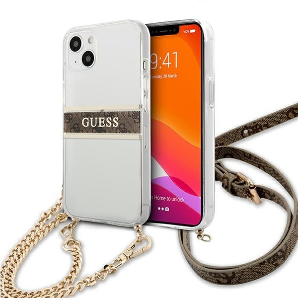 Guess GUHCP13SKC4GBGO iPhone 13 mini 5.4" läpinäkyvä kotelo 4G ruskea hihna kultaketju